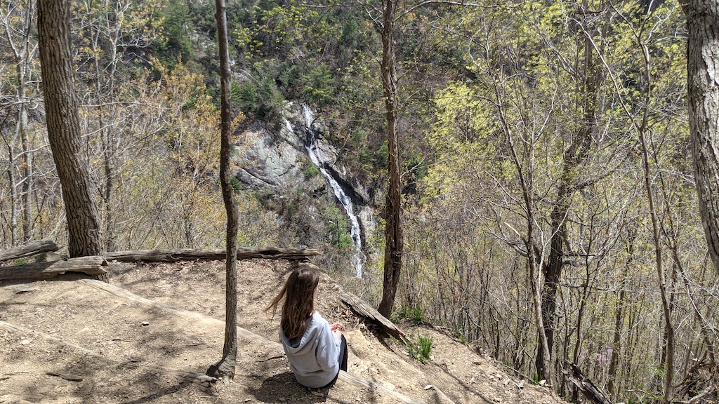 Julia sitting on a wooded hillside, looking out at a waterfall